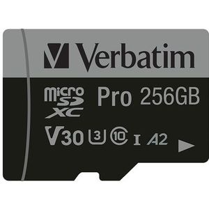 Verbatim Pro microSDXC-kaart 256 GB UHS-Class 3 4K-video-ondersteuning, A2-vermogensstandaard, Incl. SD-adapter, Schokb