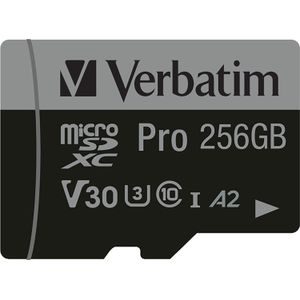 Verbatim Pro microSDXC-kaart 256 GB UHS-Class 3 4K-video-ondersteuning, A2-vermogensstandaard, Incl. SD-adapter, Schokbestendig, Waterdicht