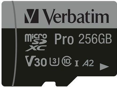 Verbatim Pro microSDXC-kaart 256 GB UHS-Class 3 4K-video-ondersteuning, A2-vermogensstandaard, Incl. SD-adapter, Schokb