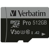 Verbatim Pro microSDXC-kaart 512 GB UHS-Class 3 4K-video-ondersteuning, A2-vermogensstandaard, Incl. SD-adapter, Schokb