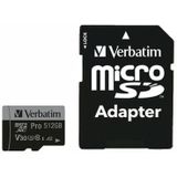 Verbatim Pro microSDXC-kaart 512 GB UHS-Class 3 4K-video-ondersteuning, A2-vermogensstandaard, Incl. SD-adapter, Schokb