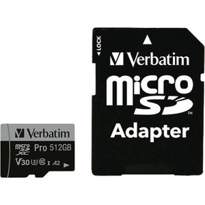 Verbatim microSDXC-kaart 512 GB, PRO, U3, UHS-I, 4K UHD (microSDXC, 512 GB, U3, UHS-I), Geheugenkaart, Zwart