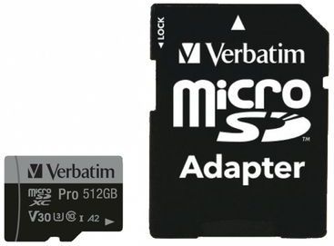 Verbatim Pro microSDXC-kaart 512 GB UHS-Class 3 4K-video-ondersteuning, A2-vermogensstandaard, Incl. SD-adapter, Schokb