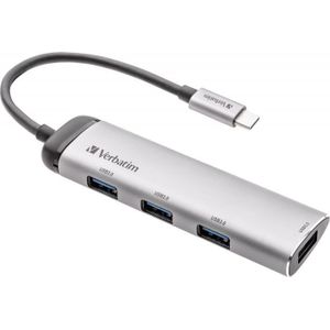 Verbatim USB 3.2 Gen 1-hub 4 poorten Met USB-C stekker, LED-weergave Grijs