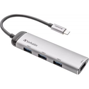 Verbatim USB-C multiport hub, hoogwaardige aluminium USB-C adapter voor laptops, MacBooks en smartphones, multimedia-adapter met vier USB 3.2 Gen 1 poorten, zilver