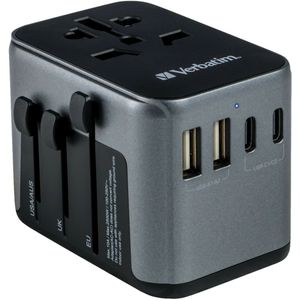 Verbatim UTA-03 universele reisadapter met 1 x USB-C PD 30W & QC 3.0 / 2 x USB-C / 2 x USB-A - zwart Polycarbonaat 49545