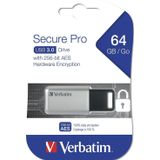 Verbatim Usb 3.0 schijf 64gb Secure Data Pro (pc Mac) (64 GB, USB A, USB 3.0), USB-stick, Zilver