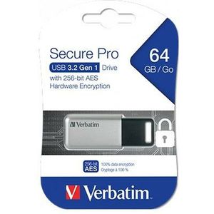 Verbatim Usb 3.0 schijf 64gb Secure Data Pro (pc Mac) (64 GB, USB A, USB 3.0), USB-stick, Zilver