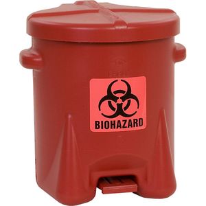 Veiligheidsafvalbak van PE voor de verwijdering van biogevaarlijke afvalsoorten, BIOHAZARD sticker, inhoud 23 l, met pedaal Justrite