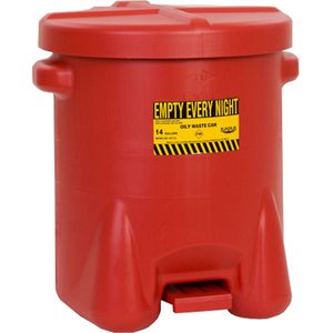 Justrite PE-veiligheidsafvalcontainer voor agressieve media, volume = 53 l, met pedaal, rood, vanaf 3 stuks