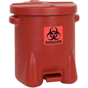 Veiligheidsafvalbak van PE voor de verwijdering van biogevaarlijke afvalsoorten, BIOHAZARD sticker, inhoud 53 l, met pedaal Justrite
