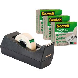 Plakbandhouder Scotch C38 recycled zwart + 3rol magic tape 900 19mmx33m