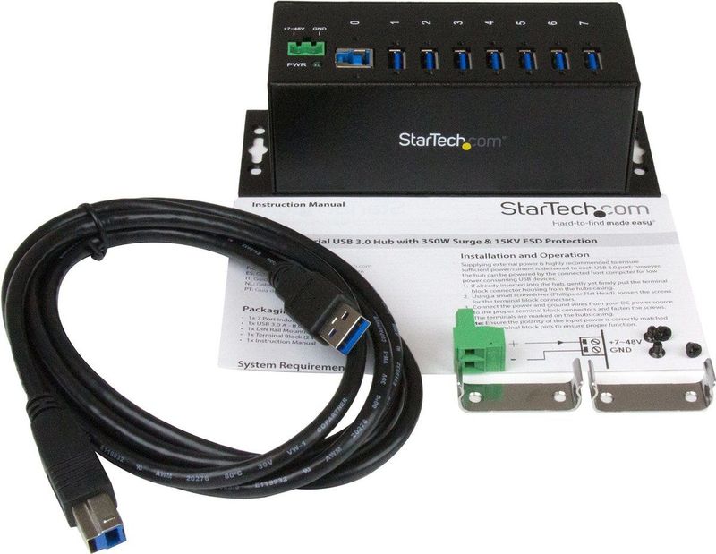 StarTech.com 7-Port USB 3.0 Hub - 5Gbps - Metalen Industriële USB-A Hub met ESD-bescherming & 350W overspanningsbeveiliging - Din Rail/Wand/Bureau Monteerbaar - TAA Compliant USB Expander Hub