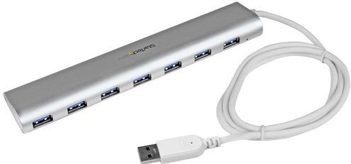 7 Poorts compacte aluminium USB 3.0 hub met geintegreerde kabel - zilver