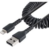StarTech.com 1m USB A naar Lightning Kabel, Zwart, MFi Gecertificeerd, iPhone Lader Spiraalkabel, Duurzame Aramidevezels, Robuuste USB Lightning Laadkabel (RUSB2ALT1MBC)