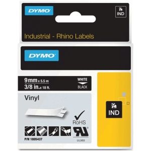 Dymo - Rhino Etiketteringstape - 9mm Wit op Zwart - Vinyl