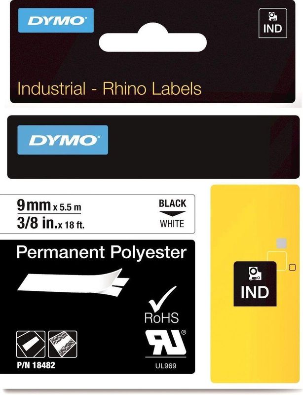 Dymo - Rhino 18482 - Lintlabels - Zwart-op-wit - 9 mm x 5.5 m