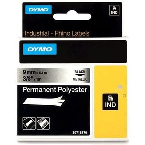 DYMO S0718170 / 18485 IND Rhino tape permanent polyester zwart op metallic 9mm (origineel)