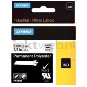 DYMO S0718160 / 18508DMO IND Rhino tape permanent polyester zwart op transparant 9mm (origineel)