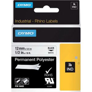 DYMO S0718210 / 18483 IND Rhino tape permanent polyester zwart op wit 12mm (origineel)