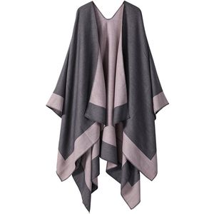 JFAN Poncho's voor dames, warme elegante gebreide poncho voor de winter met franjes, rolkraag, poncho, capes, cardigan met knopen, Zwart, One size