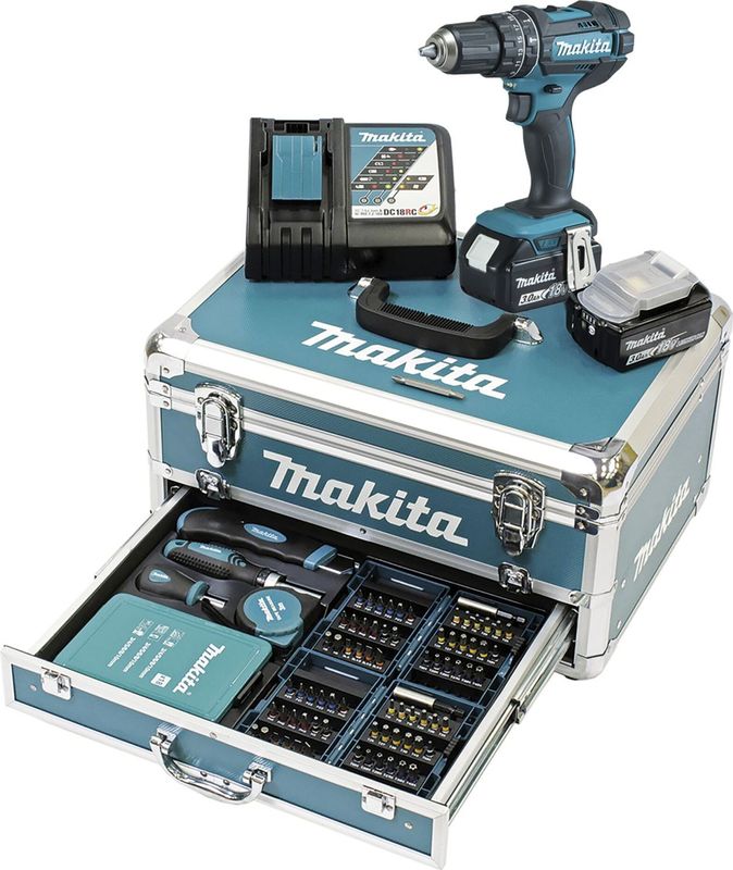 Makita DHP482RFX9 18V Li-Ion accuboormachine met klopfunctie - 2x 3.0Ah accu + lader + aluminium koffer + accessoireset