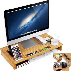 TINAMO Acacia Houten Monitorstandaard Met Lade - Verstelbare Bureau Monitorverhoger Voor Computer, Laptop En TV
