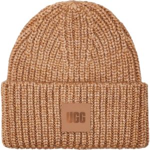 UGG Chunky Rib Beanie W Logo voor dames, camel, Eén Maat