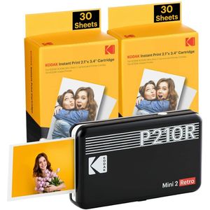 KODAK Mini 2 Retro 4PASS draagbare fotoprinter (5,3 x 8,6 cm) + pakket met 68 vellen, zwart