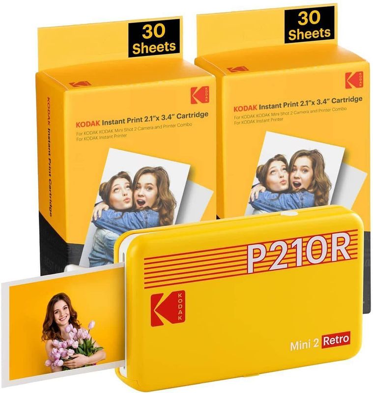 KODAK Mini 2 Retro 4PASS draagbare fotoprinter (5,3 x 8,6 cm) + pakket met 68 vellen, geel