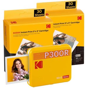 KODAK Mini 3 Retro 4PASS draagbare fotoprinter (7,6 x 7,6 cm) – pakket met 68 vellen, geel