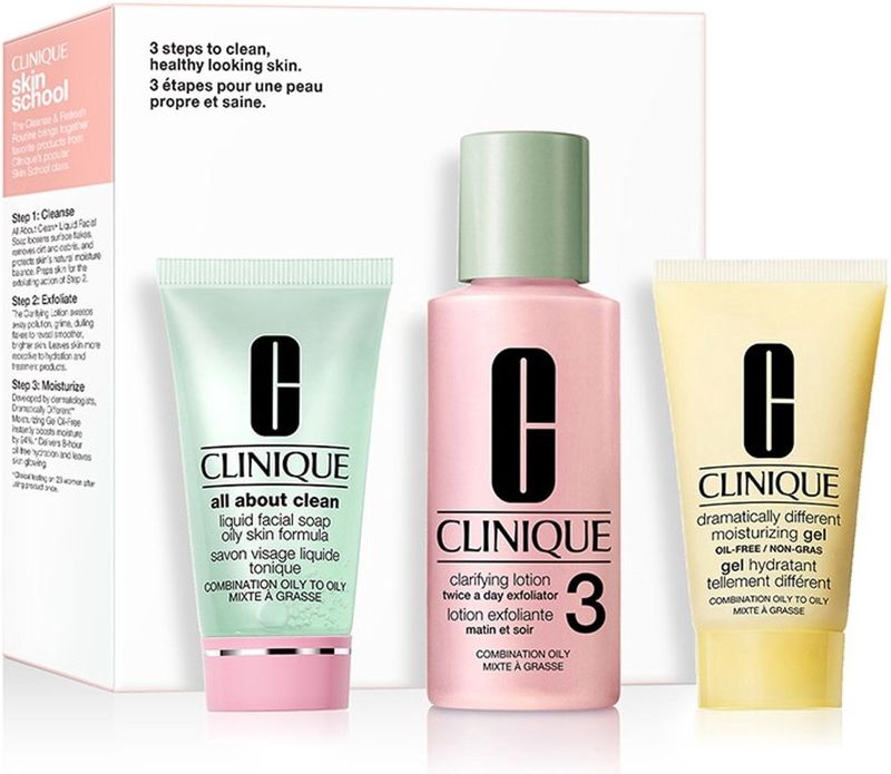 Clinique 3-fasen-systeemverzorging 3-fase-systeemverzorgingAlles over Clean 3 Step Skin 3 Minikits Liquid Facial Soap 30 ml + Clarifying Lotion 3 60 ml + Moisturizing Gel 30 ml 1 Stk. (€ 19,29 / 1 stuks)