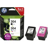 HP 304 (3JB05AE) Originele multipack printercartridges 1x zwart, 1x kleur voor HP DeskJet 26xx, 37xx, ENVY 50xx, 2 stuks (verpakking van 1), 120 pagina's (zwart)