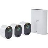 Arlo Ultra 2 draadloze WiFi-beveiligingscamera voor buiten, 4K UHD, 180˚ kleurennachtzicht, sirene & spotlight, bewegingsdetectie, 2-weg-audio, 6 mnd batterij, lokale opslag (SD-kaart), incl. proefp. Arlo Secure, 3 IP-Camera's + Smart Hub, wit
