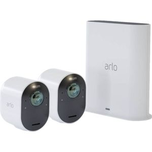 Arlo Ultra 2 draadloze WiFi-beveiligingscamera voor buiten, 4K UHD, 180˚ kleurennachtzicht, sirene, bewegingsdetectie, 2-weg-audio, Smart Hub inbegrepen, incl. proefp. Arlo Secure, 2 cam-kit, wit