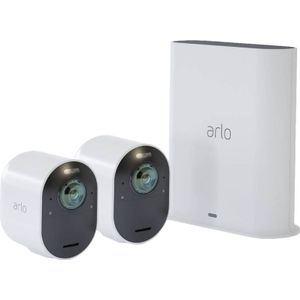 Arlo Ultra 2 draadloze WiFi-beveiligingscamera voor buiten, 4K UHD, 180˚ kleurennachtzicht, sirene & spotlight, bewegingsdetectie, 2-weg-audio, 6 mnd batterij, lokale opslag (SD-kaart), incl. proefp. Arlo Secure, 2 IP-Camera's + Smart Hub, wit