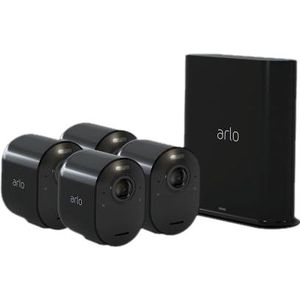 Arlo Ultra 2 draadloze WiFi-beveiligingscamera voor buiten, 4K UHD, 180˚ kleurennachtzicht, sirene, bewegingsdetectie, 2-weg-audio, Smart Hub inbegrepen, incl. proefp. Arlo Secure, 4 cam-kit, zwart