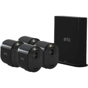 Arlo Ultra 2 draadloze WiFi-beveiligingscamera voor buiten, 4K UHD, 180˚ kleurennachtzicht, sirene & spotlight, bewegingsdetectie, 2-weg-audio, 6 mnd batterij, lokale opslag (SD-kaart), incl. proefp. Arlo Secure, 4 IP-Camera's + Smart Hub, zwart