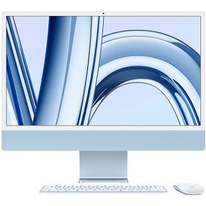 Apple 2023 iMac all-in-one desktop met M3-chip: 8‑core CPU, 8‑core GPU, 24-inch 4,5K Retina-display, 8 GB centraal geheugen, 256 GB SSD-opslag, bijpassende accessoires. Werkt met iPhone/iPad; Blauw