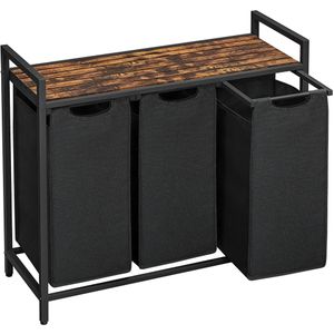 VASAGLE Wasmand 3 vakken, wasverzamelaar met plank, wasbox, waszak van oxford stof uitneembaar, metalen frame, 3 x 38 L, 92,5 x 33 x 72 cm, vintage bruin-zwart BLH301B01
