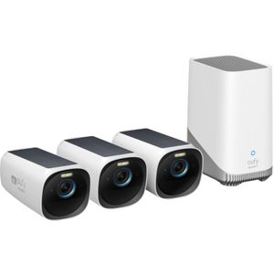 eufy Security - eufyCam 3 Set met 3 camera's - Zwart en wit,4K draadloos Beveiligingscamerasysteem met geïntegreerd zonnepaneel - AI gezichtsherkenning