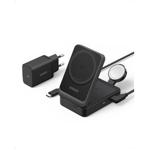 Anker MagGo 3-in-1 oplaadstation, Qi2-gecertificeerd, draadloze MagSafe-oplaadstandaard van 15 W, Apple Watch-oplader voor MagSafe, voor iPhone 14/15, AirPods, Apple Watch 9 (incl. 40W-USB-C-oplader)