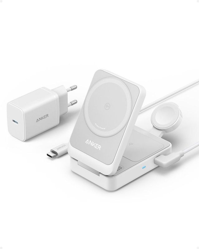 Anker MagGo 3-in-1 Ladestation, Qi2 zertifizierter 15W kabelloser Ladeständer, MagSafe kompatibel, Apple Watch Ladegerät, Für iPhone 16/15/14, AirPods, Apple Watch 9 (Mit 40W USB-C Netzteil)