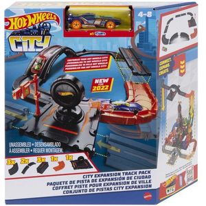 Hot Wheels City Baanset, 10-delige set met baanbasis en diverse baandelen om een stad te bouwen, met 1 auto, kan aan andere sets worden gekoppeld, cadeau voor kinderen vanaf 4 jaar, HDN95