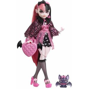 Monster High Pop, Draculaura met accessoires en vleermuis als dierenvriendje, beweegbare modepop met roze en zwart haar, HHK51