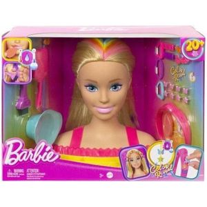 Barbie Pop, Luxe Kappop, Barbie Eindeloos Lang Haar, steil blond haar in neon regenboogkleuren, poppenhoofd om te stylen, Color Reveal accessoires HMD78
