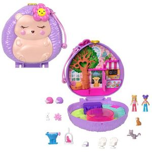 Polly Pocket poppen en speelset, Reisspeelgoed met Fidget exterieur, Egel koffiebar compacte speelset met 12 accessoires, HRD37