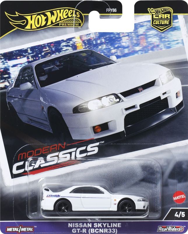 Hot Wheels Premium Nissan Skyline R-33, Autocultuur Circuitlegendes, auto's voor kids vanaf 3 jaar en volwassen fans en verzamelaars, Premium collectie van Autocultuur, voertuigen op schaal 1:64 HRV99