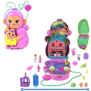 Polly Pocket Poppen en speelset met huisdieren en 13 accessoires, 2-in-1 draagbare tas met Moederaap en Baby, en dierenspeeltje, HWP04