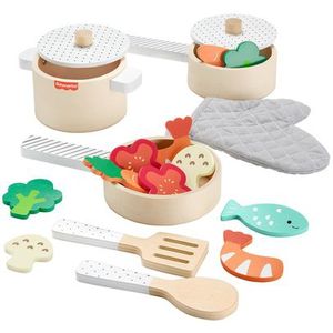 Fisher-Price Keuken, Fantasiespel, Houten Potten- en Pannenset, met 19 houten onderdelen voor peuters en kleuters vanaf 3 jaar, HXT83